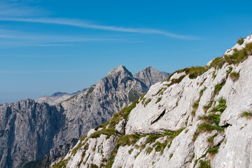 Scenic view of pristine rugged mountain peaks of Kanin massif, Julian Alps, Italy, Europe. Wild...