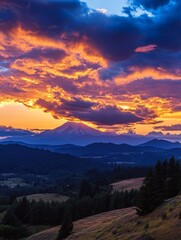 Fototapeta premium Majestic Sunset over Mountain Range - Serene sunset, vibrant clouds, snow-capped peak, rolling hills, tranquil nature. Symbolizes peace, beauty, adventure, freedom, hope.