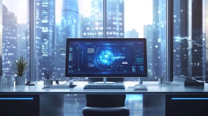 Modern Tech Workplace: Futuristic Office Desk Setup - Innovation, technology, success, progress, future.  Clean, modern workspace with city view.
