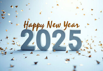 Happy New Year 2025 white wooden numbers on pastel blue background with falling golden confetti festive celebration greeting card holiday decoration minimalist simple modern design new year eve party