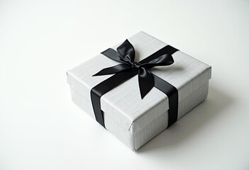 Silver Gift Box with Black Ribbon on White Background Surprise Present Birthday Anniversary Celebration Festive Holiday Gift Giving Wrapped Package Special Occasion Minimalist Design Luxury Gift