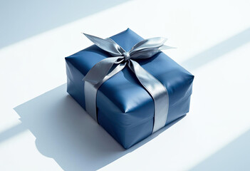Fototapeta premium Luxury Blue Gift Box with Silver Ribbon on White Background with Window Light Shadows Minimalist Festive Holiday Birthday Present Surprise Concept Packaging Design Mockup Anniversary Celebration