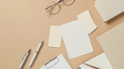 Glasses, sheets of paper, cards, pen, notebook, stapler on beige background