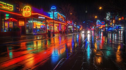 Fototapeta premium Neon Nightscape: Rain-slicked City Street at Night - Vibrant neon signs, reflecting in rain-wet streets, symbolize urban nightlife, energy, excitement, and modern city life.