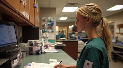 Obraz premium Enfermera o doctora joven en oficina revisando listas de pacientes en hospital.
