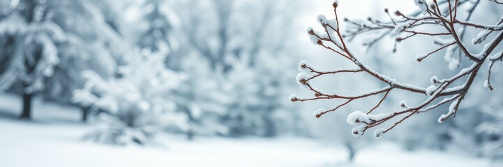 Winter landscape showcasing snow-covered branches and a serene background in a peaceful park