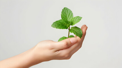 female hand holding green mint leaves isolated on white, environmental saving concept