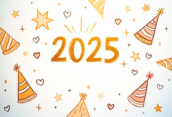 Happy New Year 2025 the year of possibilities celebration festive party hats stars hearts greeting card invitation banner social media post marketing campaign gold text white background doodle art