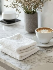 Relaxing Coffee Break with Soft Towels - Clean towels, coffee, flowers, calm morning, cozy atmosphere.
