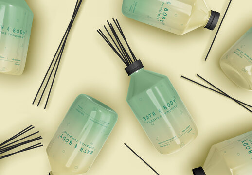 3d Aroma Diffuser Bottles with Wooden Sticks Mockup