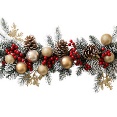 Festive Christmas Garland with Pine Cones, Red Berries, and Gold Ornaments on Snowy Evergreen Branches - Perfect for Holiday Decoration and Celebration