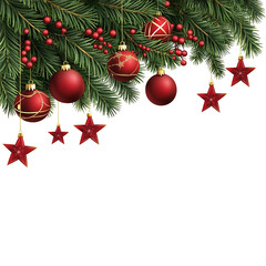 Festive Christmas Decorations with Red Ornaments and Stars on Pine Branches - Perfect for Holiday Celebration and Seasonal Decor