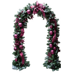 Festive Christmas Arch with Pink Ornaments and Ribbons - Holiday Decoration with Snowy Greenery and Baubles - Perfect for Seasonal Celebrations and Decor