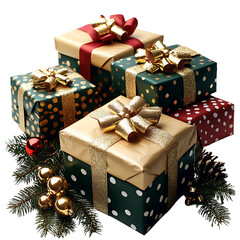 Festive Christmas Gifts with Polka Dot Wrapping and Golden Bows Surrounded by Pine Branches and Ornaments - Perfect for Holiday Celebration and Decoration