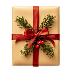 Elegant Christmas Gift Wrapped in Gold Paper with Red Ribbon, Pine Sprigs, and Berries - Festive Holiday Present