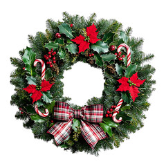Festive Christmas Wreath with Red Poinsettias, Candy Canes, Holly Leaves, and Plaid Bow - Holiday Decoration