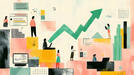 Business people working with laptop and chart in a collaborative workspace with a growing financial trend arrow