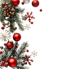 Festive Christmas Decorations with Pine Cones, Red and Gold Ornaments, and Snowflakes on Evergreen Branches - Perfect for Holiday Celebration and Decoration