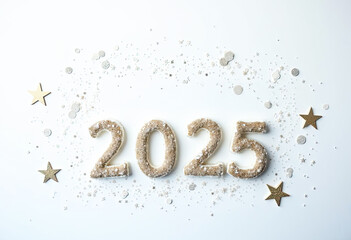 Happy New Year 2025 celebration gold textured numbers silver confetti and stars white background festive holiday banner greeting card design element winter holidays minimal modern aesthetic flat lay