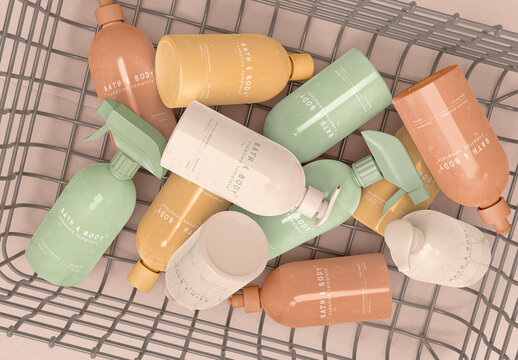 3d Bottles of Spray, Dispenser and Diffuser Mockup on a Basket