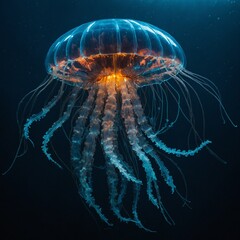 A bioluminescent robot resembling an underwater jellyfish exploring the deep sea.