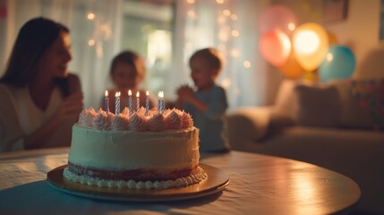 Happy family celebrating birthday with a vibrant cake scene