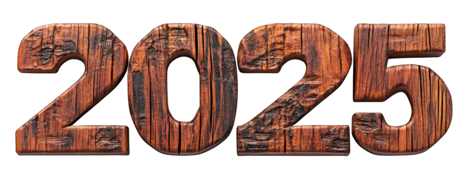 3D 2025 text with wood texture