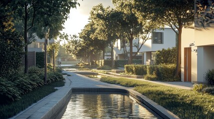 Serene Suburban Pathway: Luxury Homes & Tranquil Waters - Peaceful neighborhood, modern homes, water feature, tree-lined path, sunset glow.  Symbolizes: tranquility, community, modern living, nature, 