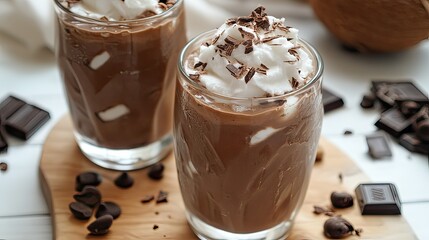 Two glasses of chocolate dessert topped with whipped cream and chocolate shavings.