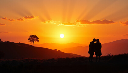 Fototapeta premium Couple embracing at sunset on rolling hills.