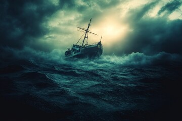 Obraz premium Shipwreck in Stormy Seas - Dramatic Stock Photo - A distressed ship battles raging waves, symbolizing struggle, survival, hope, despair, and resilience.