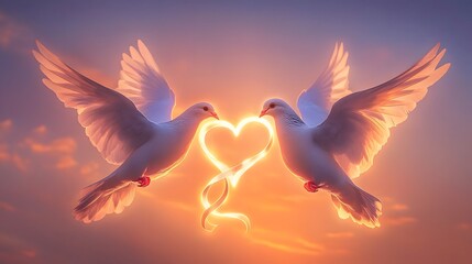 Two White Doves Forming a Heart Shape with Light Against a Beautiful Sunrise Background, Symbolizing Love, Peace, and Harmony in Nature