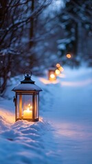 Naklejka premium Enchanted Winter Path: Candle Lantern Glows in Snowy Forest