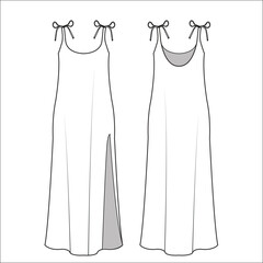 Slip dress with tie shoulder straps and a side slit. The design is minimalistic, featuring a loose silhouette, thin straps tied in bows, and a low neckline in the front and back.