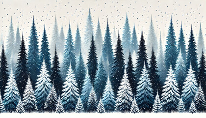 Fototapeta premium Winter Wonderland of Slender Pine Trees with Snowfall in Varying Blue Tones