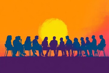 Naklejka premium Sunset Silhouettes: Team Collaboration and Success - Teamwork, collaboration, sunset, meeting, achievement. Symbolizing unity, progress, and shared goals.