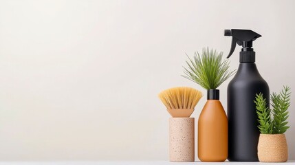 Stylish Home Cleaning Essentials Displayed with Natural Elements and Minimalist Design in Soft Neutral Background for Modern Interior Spaces