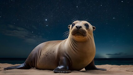 Fototapeta premium Sea Lion Pup on Beach at Night Under Stars