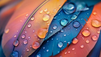 Vibrant Bird Feathers with Dew Drops - Stock Photo - Colorful feathers, water droplets, nature, beauty, serenity.  Captures vibrant colors and textures.