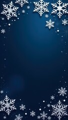 silver snowflakes frame on navy blue background, banner with copy space, Christmas, New Year, winter holidays. background for winter-themed events or sales promotions, web design during winter months.