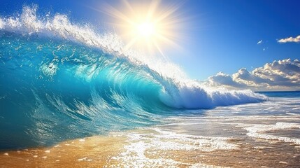 Majestic Ocean Wave Crashing on Sandy Shore Under Bright Sunlight