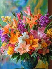 Vibrant Summer Flower Arrangement in a Teal Vase - A stunning bouquet of lilies, gladioli, and other colorful blooms, symbolizing joy, beauty, summer, celebration, and abundance.