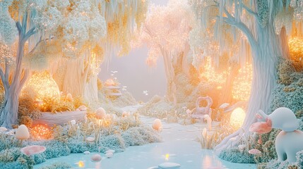 Enchanting whimsical forest scene with glowing mushrooms, calm water, and dreamy lighting.