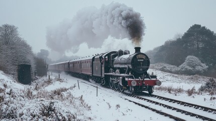 Winter Wonderland Steam Train Journey - Scenic winter train ride, steam engine, snowy landscape, nostalgic travel, vintage transport.