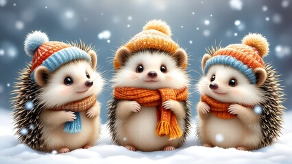 Three adorable hedgehogs in cozy winter hats and scarves enjoy a snowy day, AI