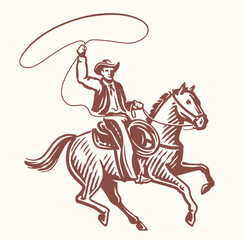 Cowboy riding horse with lasso in his hand, sketch drawing. Ranch, cattle breeding, rodeo vintage vector illustration