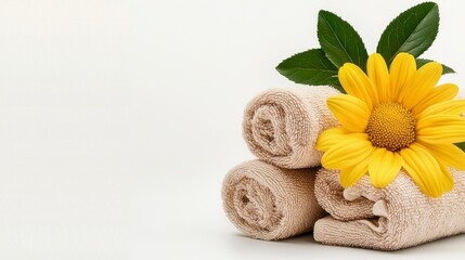Fresh Spa Concept with Neatly Rolled Soft Towels, Green Leaves, and a Bright Yellow Flower on a Light Background for Relaxation and Wellness Themes