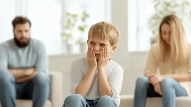 Upset boy looks angry as parents sit quietly in the background in the living room at home. Child appears distressed while parents remain distant in the living room. Problems in the raising the child