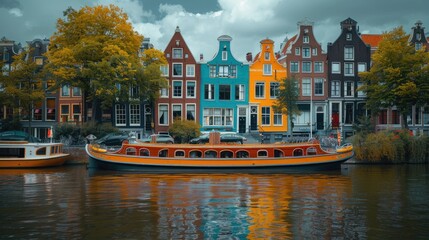 Obraz premium Colorful canal houses and a boat reflect in calm water under a cloudy sky.