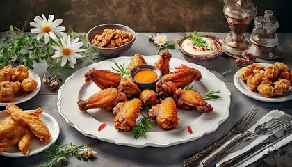 Alitas de pollo fritas servidas en plato blanco sobre mesa elegante, detalle culinario exquisito